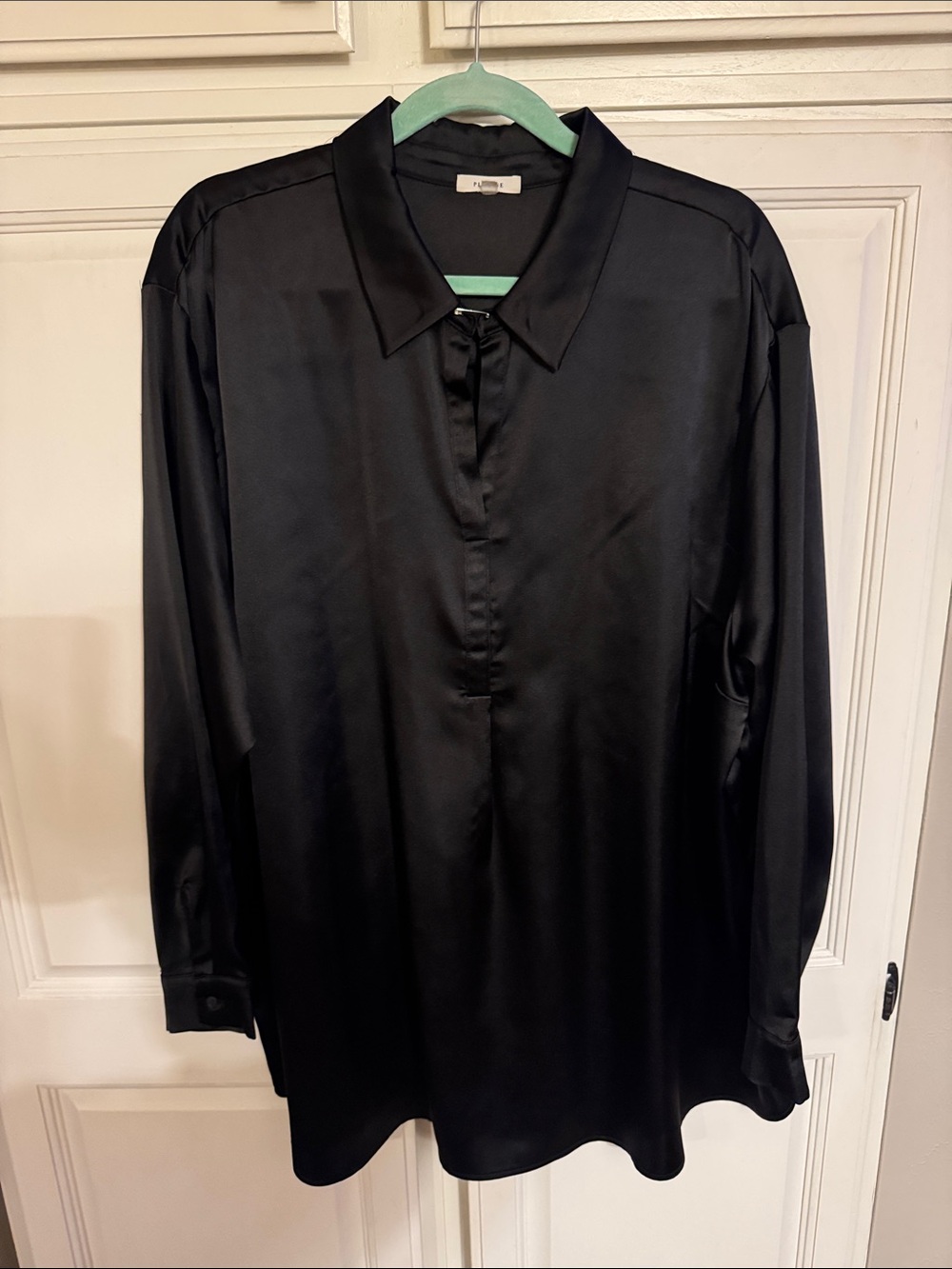 Pleione Black Satin Long Sleeve Dress Shirt